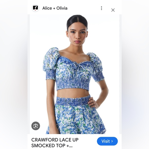 Alice and Olivia Crawford Blue and White Sweetheart Puff Sleeve Crop Top - Picture 5 of 11